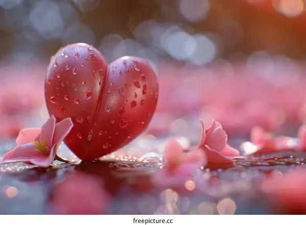 Heart with Water Drops and Flowers