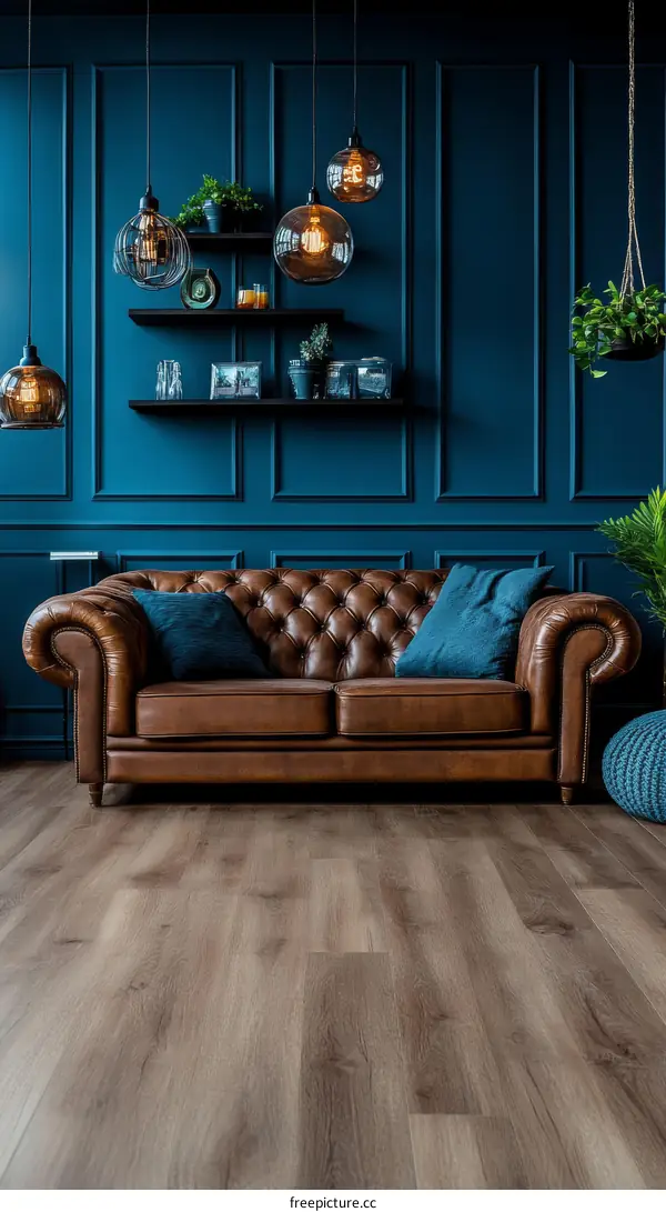 Modern Living Room with Dark Teal Walls and Leather Sofa