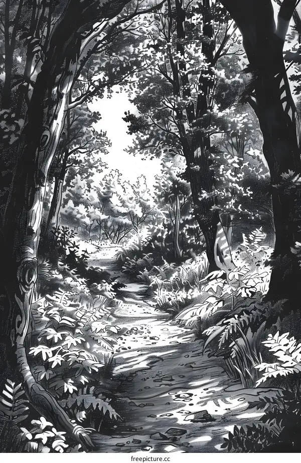 Black And White Illustration Of Forest Path