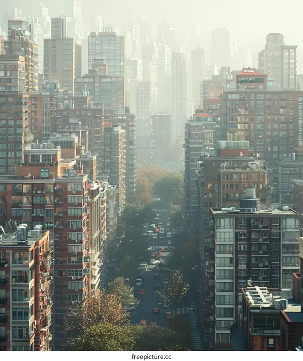 Cityscape of high-rise buildings with street view