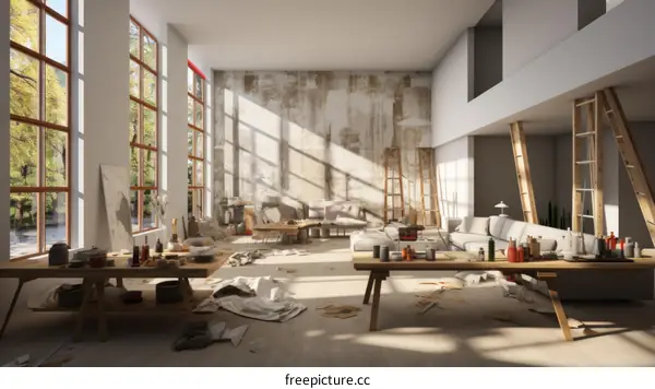 Sunlight shines through the large windows of an artist's studio