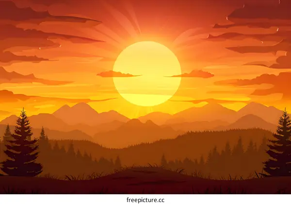 Mountain Landscape Sunset Illustration with Orange Sky