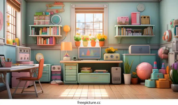 A cute and colorful illustration of a home office