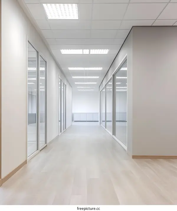 Empty Office Corridor with Glass Walls and White Ceiling