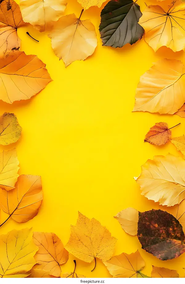 Autumn Leaves Frame on Yellow Background