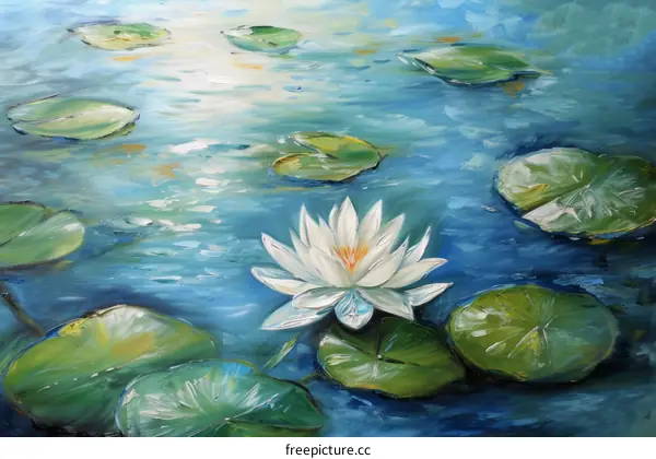 Oil painting of white water lily flower and lily pads on the water surface