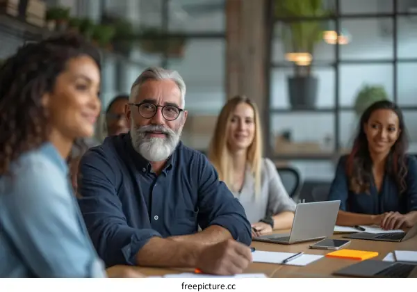 A group of people are sitting around a table having a meeting.