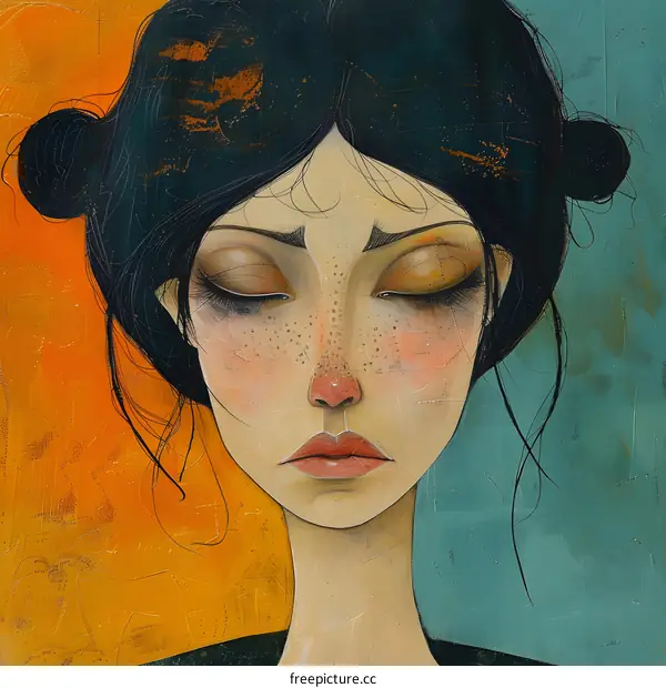 A painting of a girl with black hair and green eyes. She is wearing a black dress and has her hair in two buns.