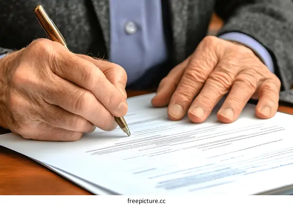 Close Up of an Elderly Mans Hand Signing a Document