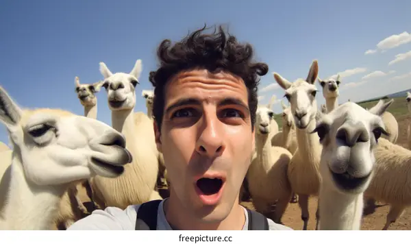 Man surrounded by curious llamas