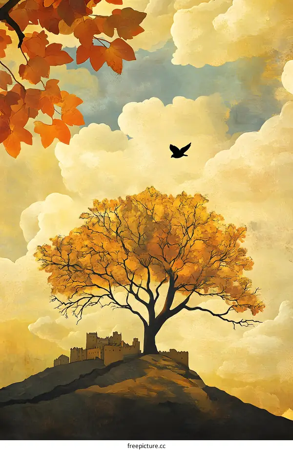 Autumn Tree Landscape with Castle and Bird