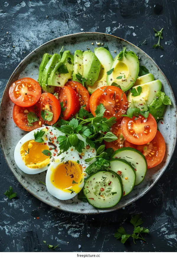 Healthy avocado and tomato salad with boiled egg and cucumber