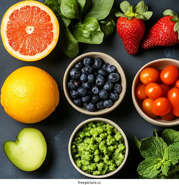 Fresh and Colorful Fruits and Vegetables on Black Background