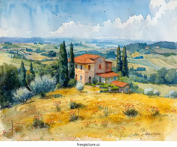 Watercolor painting of a rural Italian landscape