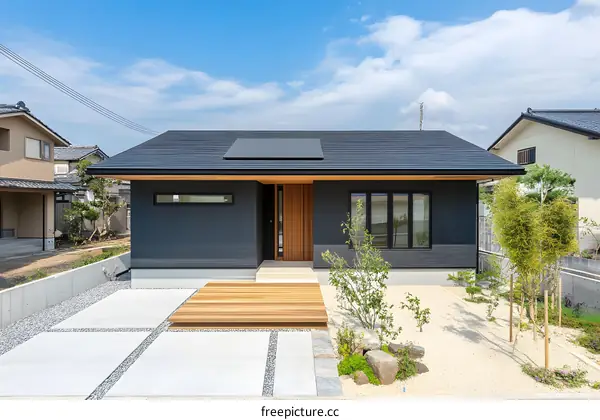 Modern Black and Wood Home Exterior Design with Stone Patio
