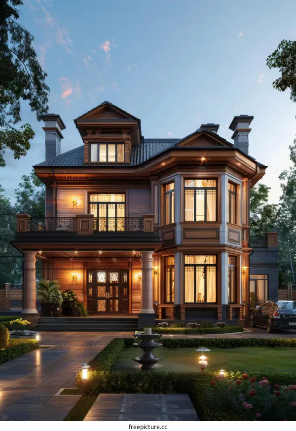 Illuminated Luxury Home Exterior at Twilight