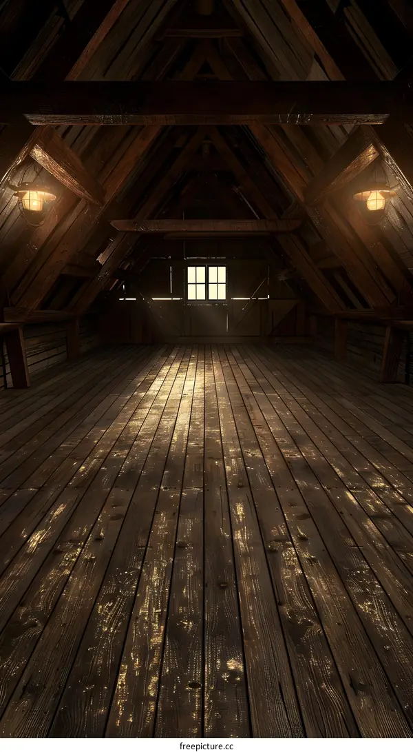Dark Wooden Attic Interior With Lights