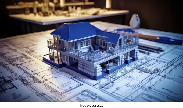 3D House Model on Blueprint
