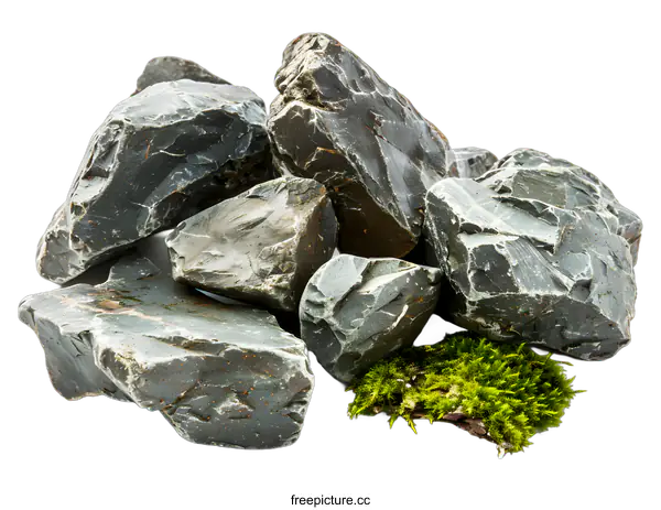 [Transparent Background PNG]Grey Rocks and Green Moss on White Background