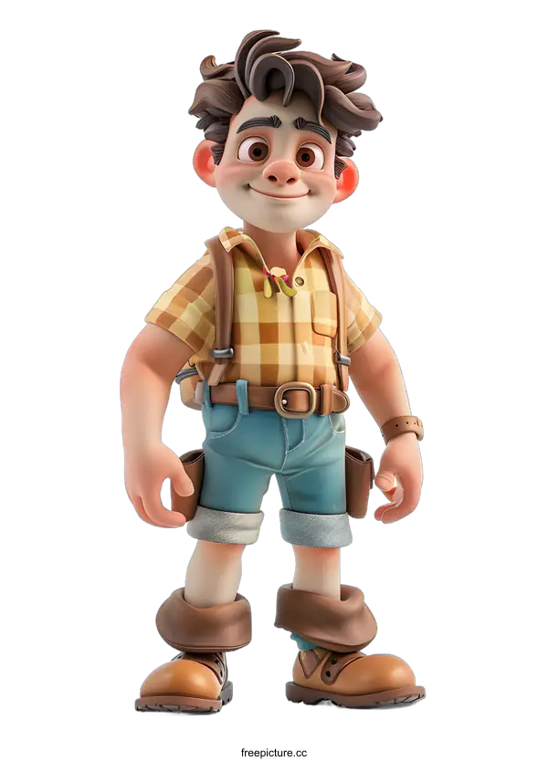 [Transparent Background PNG]A 3D illustration of a boy wearing a plaid shirt and blue shorts