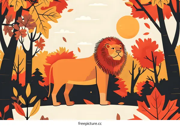Autumn Lion In Forest With Orange Leaves