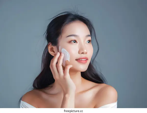 Beautiful Asian Woman Applying Cream on Face