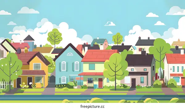 Colorful Houses in a Suburban Neighborhood Illustration