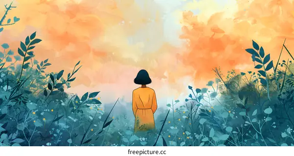 Woman in Yellow Dress Standing in Field of Flowers with Watercolor Background