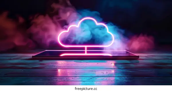 Neon Cloud and Tablet on Wooden Table