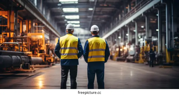 Two workers in a factory are looking at the production line.