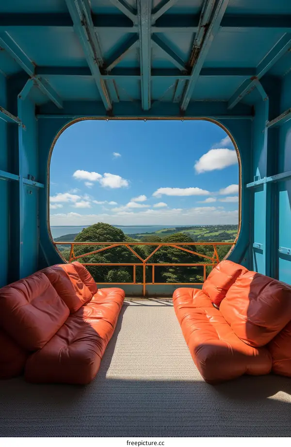 Futuristic living room with large window and orange chairs