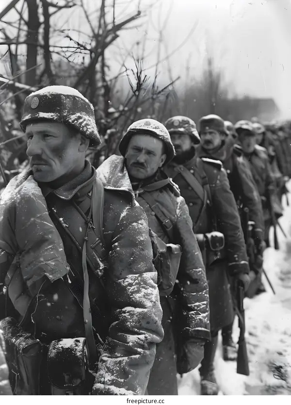 A group of soldiers in winter gear march along a snowy road during World War I.