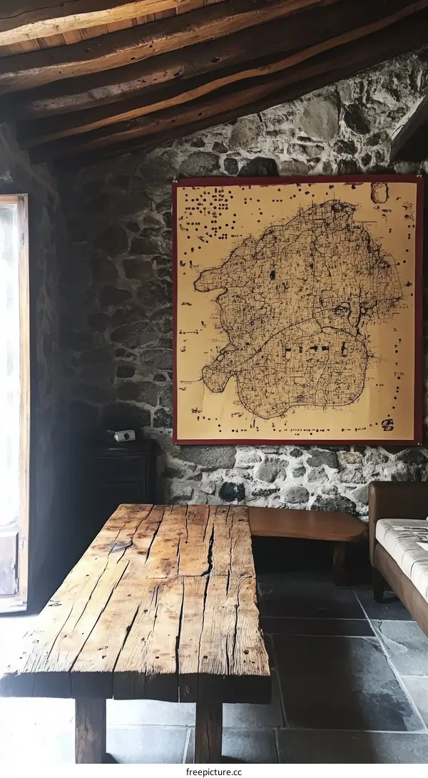 Rustic Wooden Table in Stone Room with Antique Map