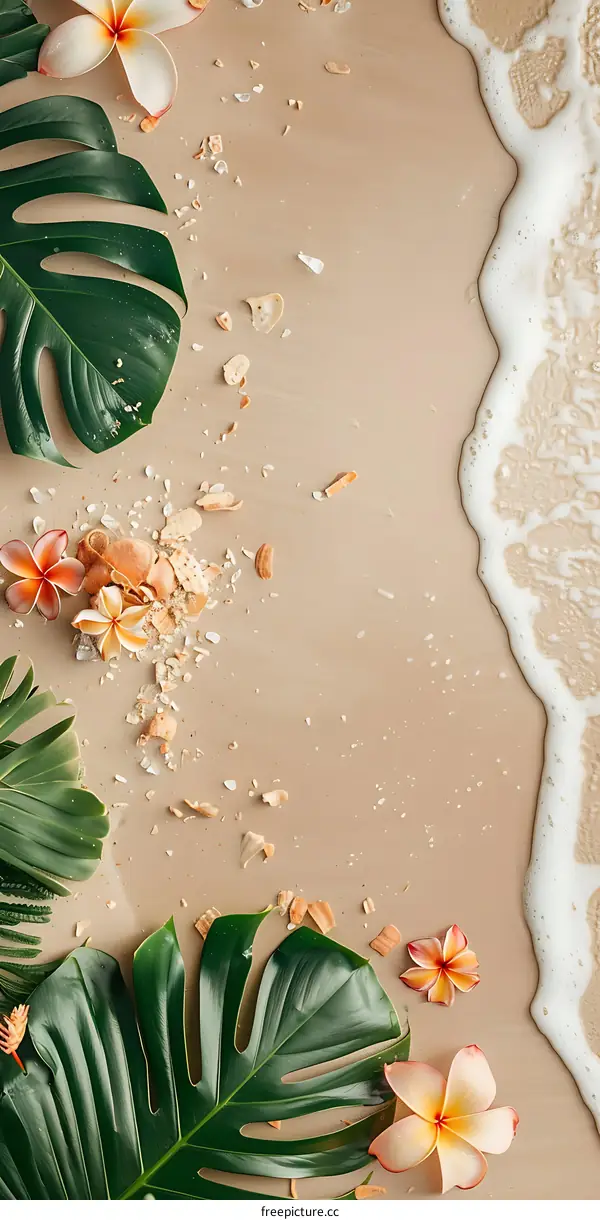Tropical Beach Summer Background With Green Leaves, Flowers, And Sea Foam