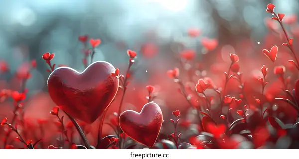 Two red heart-shaped flowers in a field of red flowers.