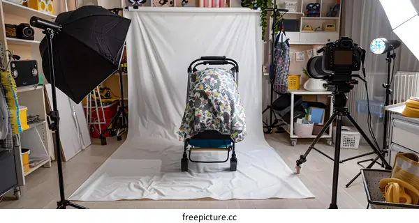 Baby Stroller with Floral Canopy in a Photography Studio