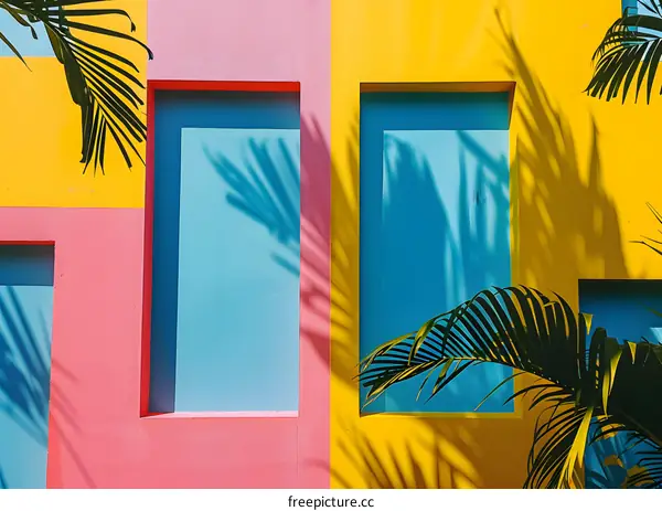 Tropical Palm Tree Leaves Cast Shadows On A Colorful Wall