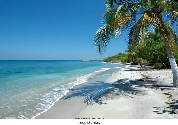 Palm tree on a tropical beach with white sand and blue water