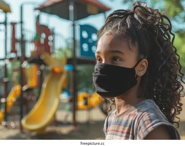 Little girl wearing a mask at a playground