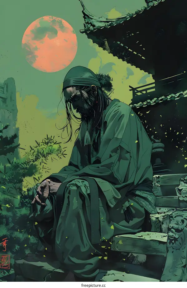 Lonely Man Sitting Under the Moon in a Chinese Garden