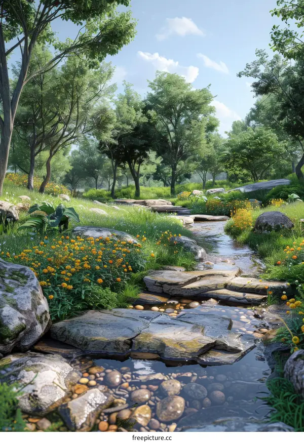 Small river meandering through a lush and green forest