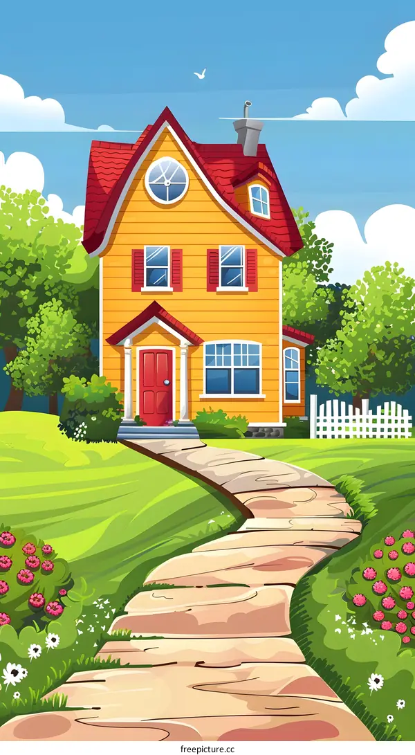 Yellow House with Red Roof and Winding Path in Green Grass