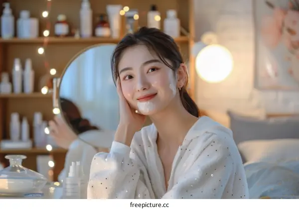 Asian woman applying facial mask at home