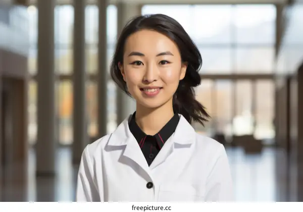Portrait of a young Asian female doctor smiling in a modern hospital