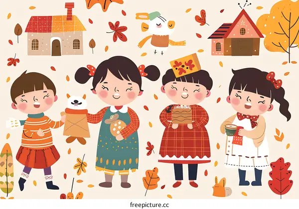 Cute Cartoon Illustration of Four Kids with Autumnal Theme