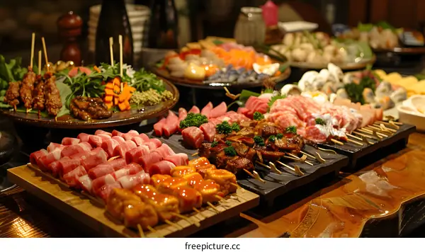 Assortment of Japanese Cuisine on Wooden Table