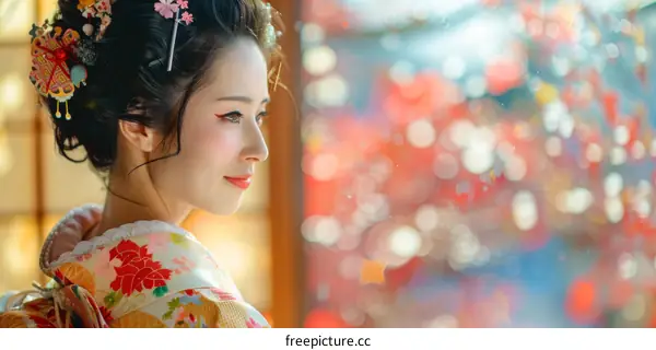 Japanese Woman Wearing Traditional Kimono in Front of a Blurred Background