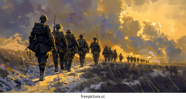 World War I soldiers walking through a snowy field