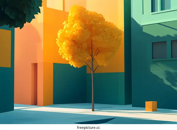 Minimalist  Illustration of a Yellow Tree and Blue Buildings