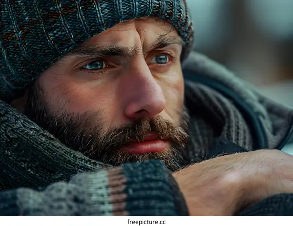 portrait of a man wearing a gray knitted hat looking away from the camera